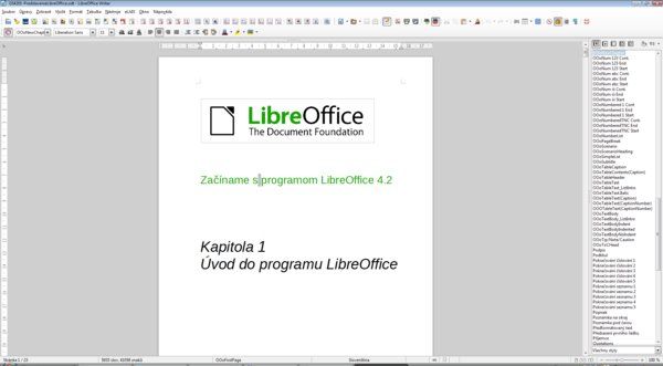 Kapitoly příručky otevřené v LibreOffice (všimněte si nástrojové lišty rozšíření eLAIX)